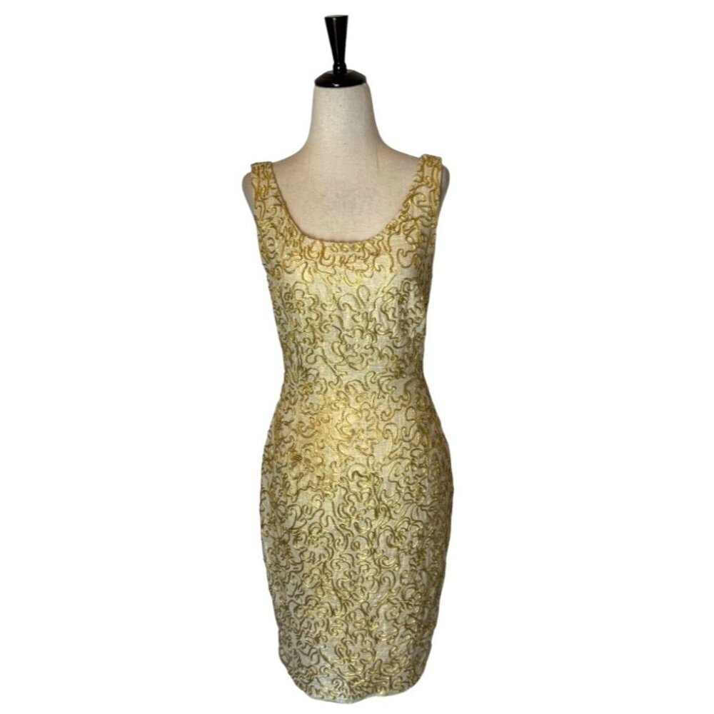 Carmen Marc Valvo Dress Women 4 Gold Silk Metallic Embroidered Mini Sheath
